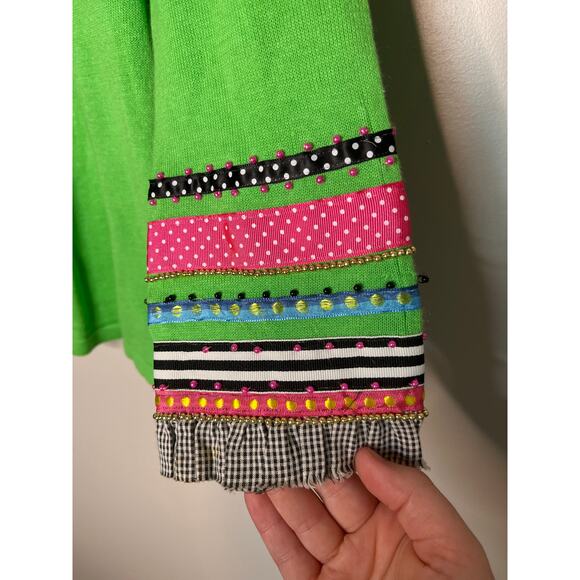 2000s Berek 2 Lime Green Ribbon Stockings Christmas Sparkle Maximalist Sweater M - Picture 5 of 7